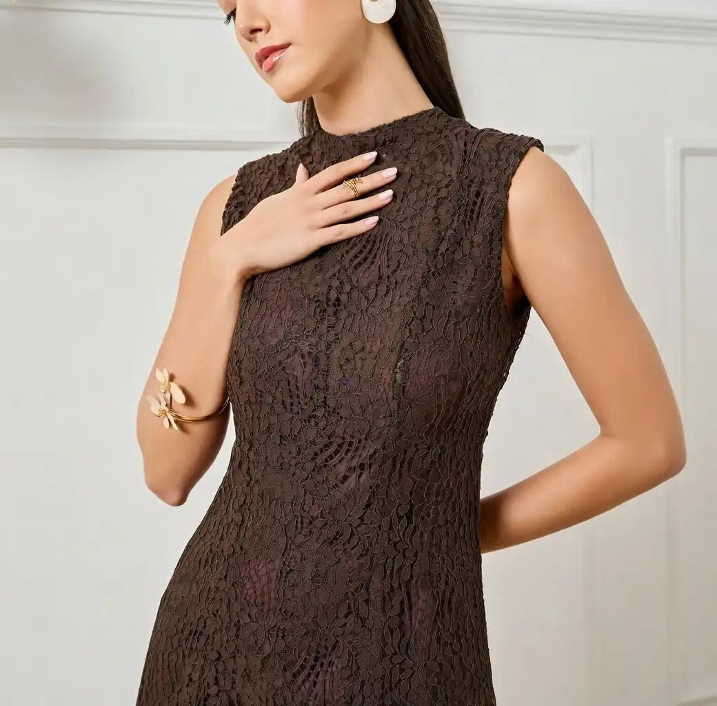 Brown Sleeveless Lace Maxi Dress