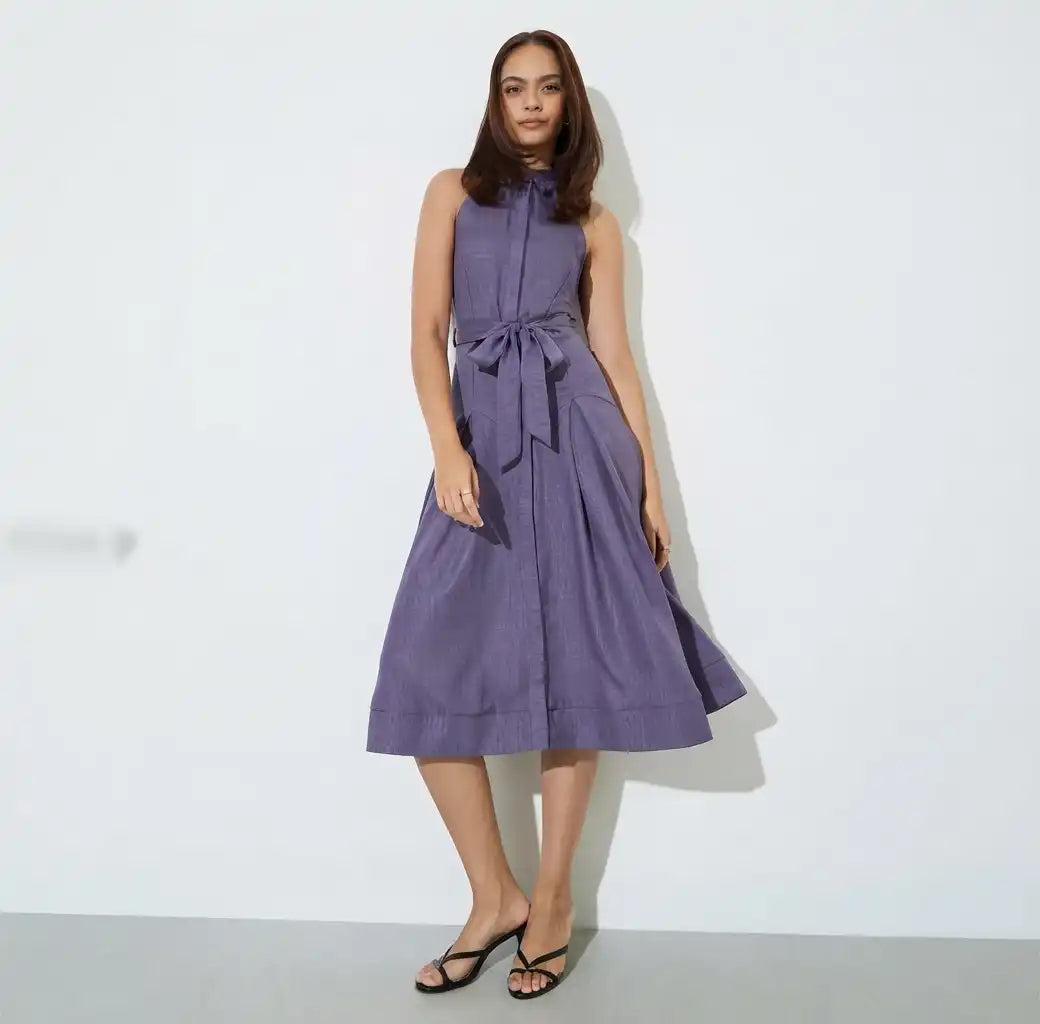 Purple Sleeveless Shirt Midi Dress with Tie-Belt
