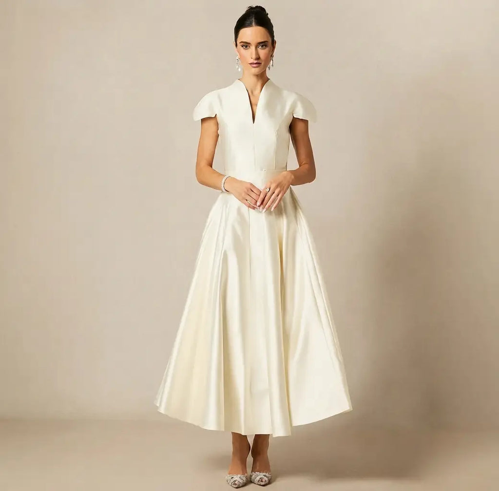 Tiana Cap Sleeve V-Neck Satin Midi Dress