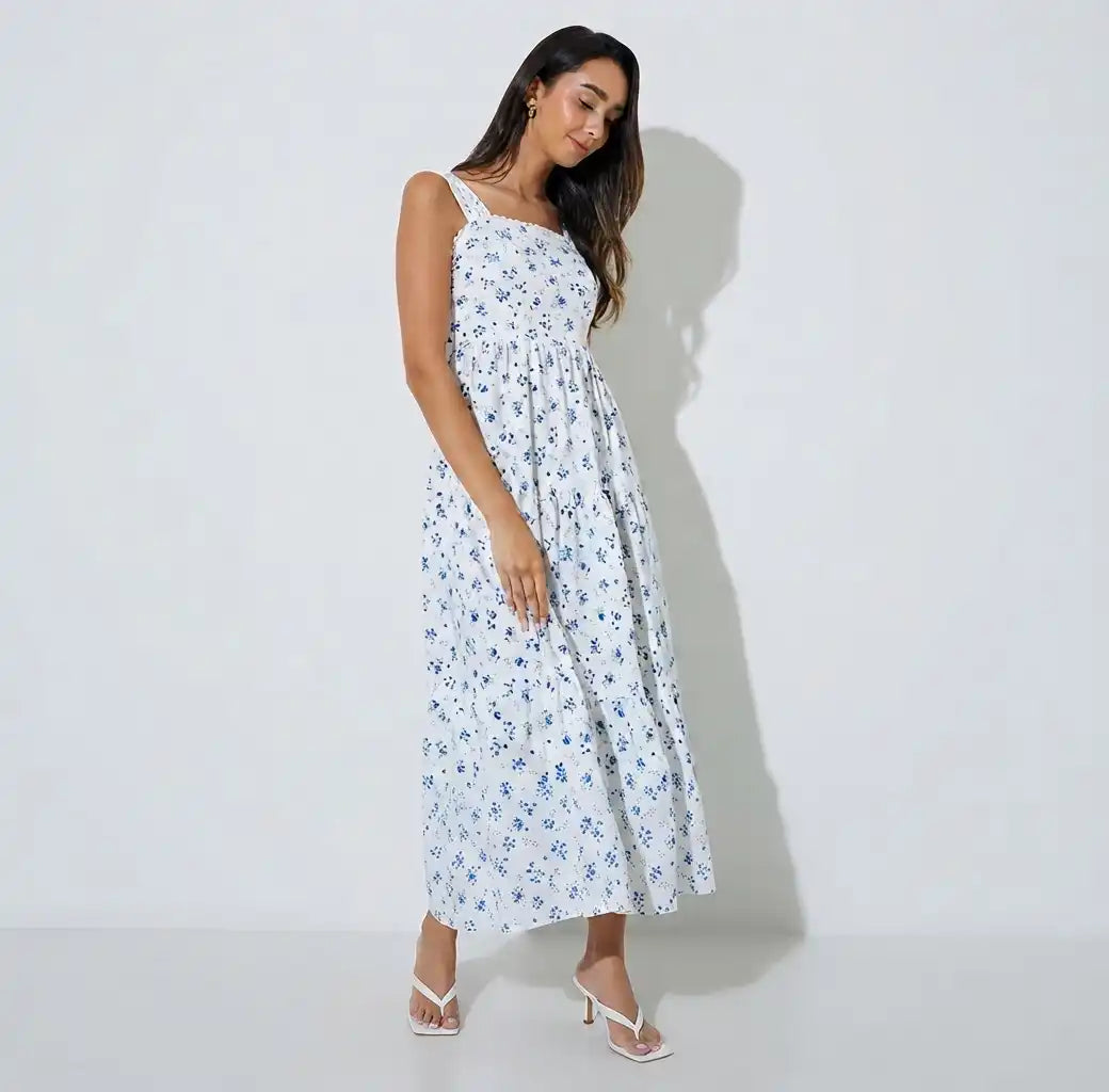 White Ditsy Print Sleeveless Tiered Maxi Dress