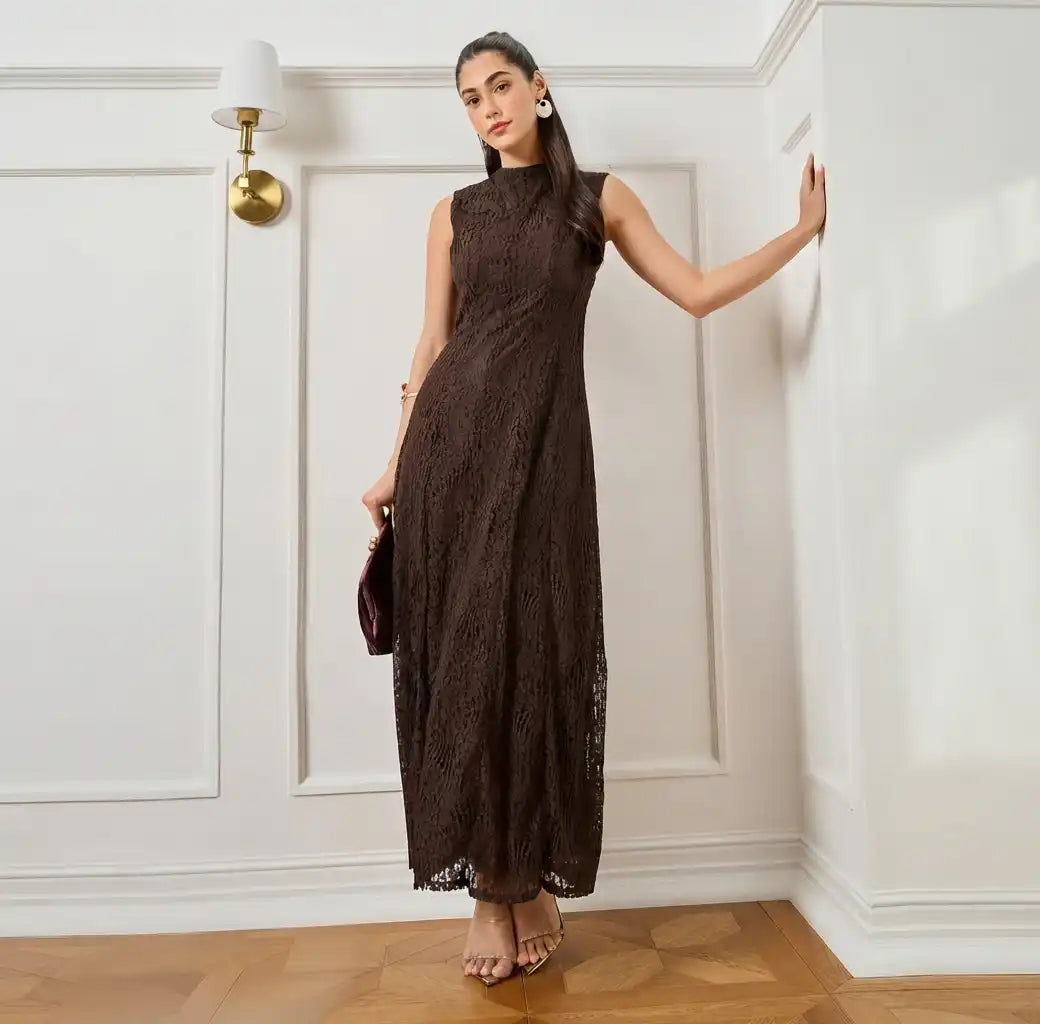 Brown Sleeveless Lace Maxi Dress