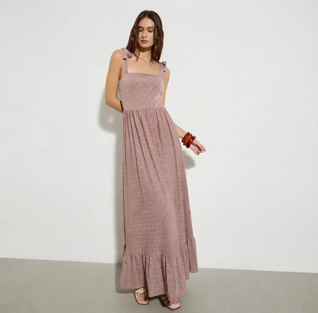 Dusty Rose Eyelet Lace Tie-Strap Maxi Dress