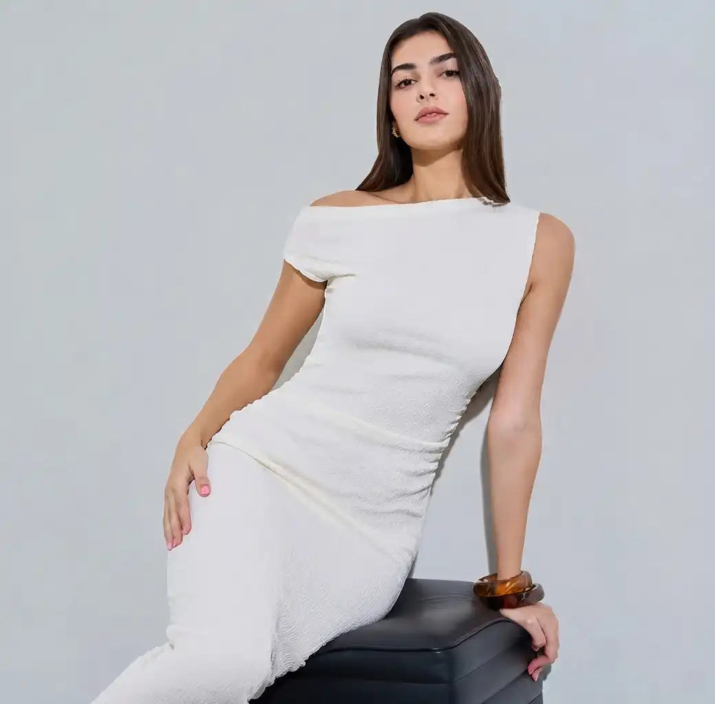 White Solid Asymmetric Neck Bodycon Midi Dress