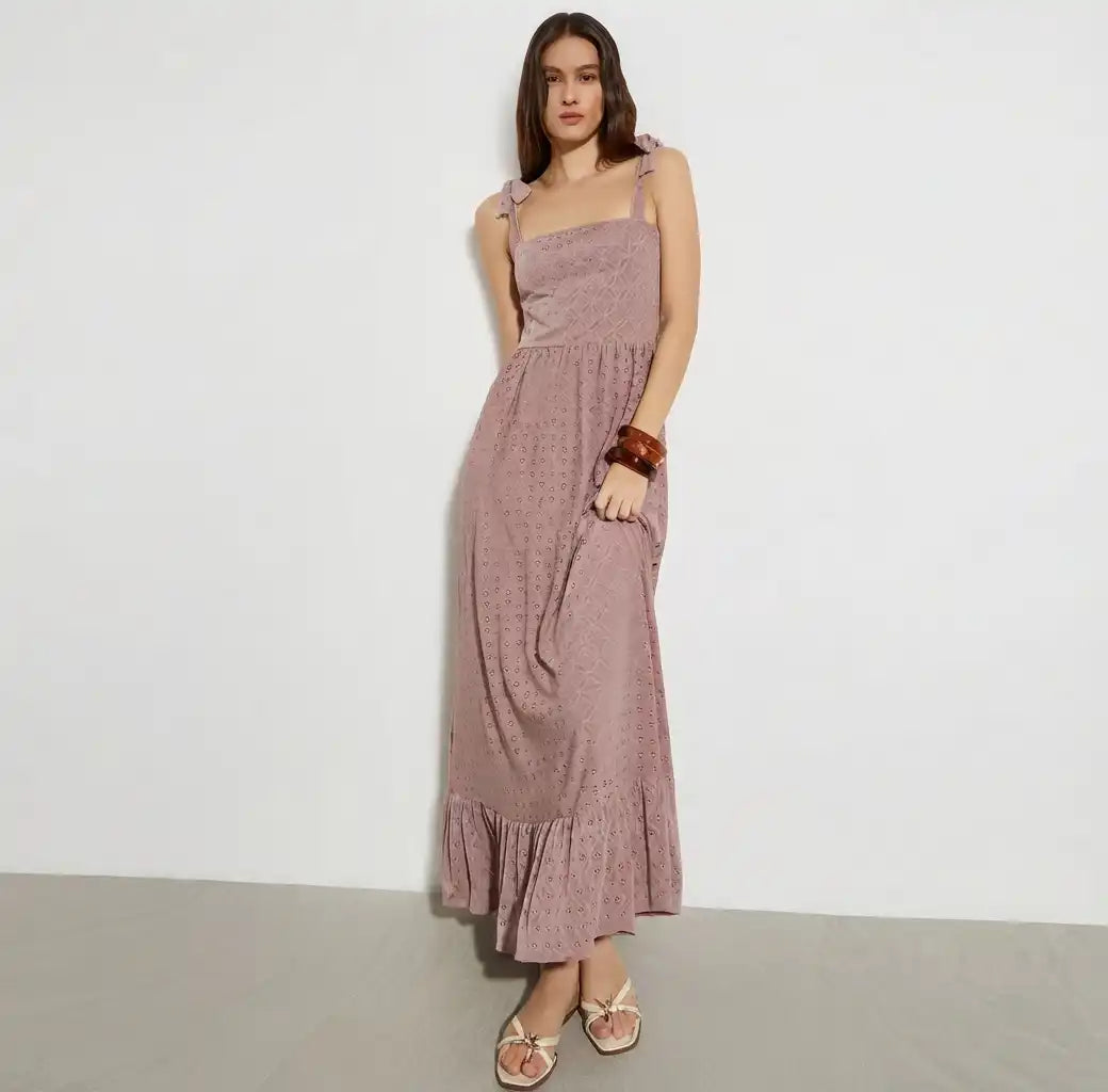 Dusty Rose Eyelet Lace Tie-Strap Maxi Dress