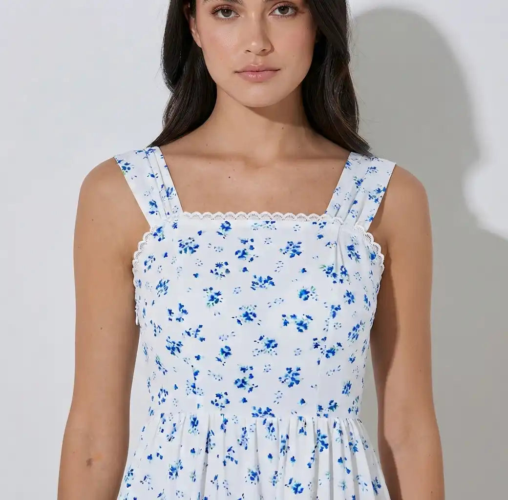 White Ditsy Print Sleeveless Tiered Maxi Dress