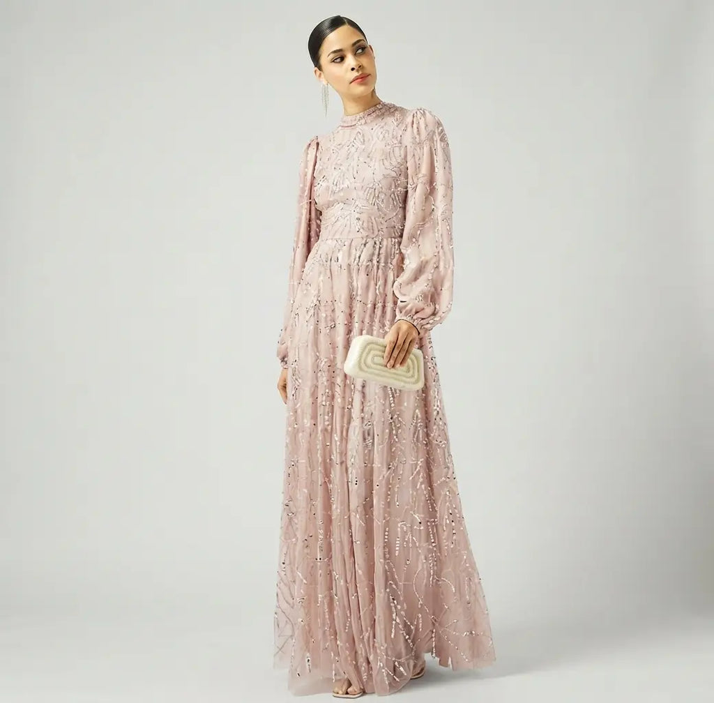 Embellished Balloon Sleeve Maxi Dress
