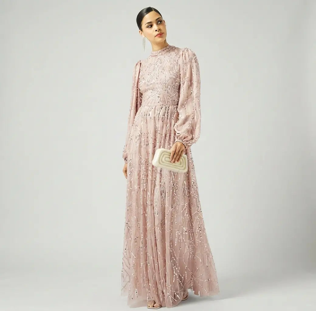 Embellished Balloon Sleeve Maxi Dress