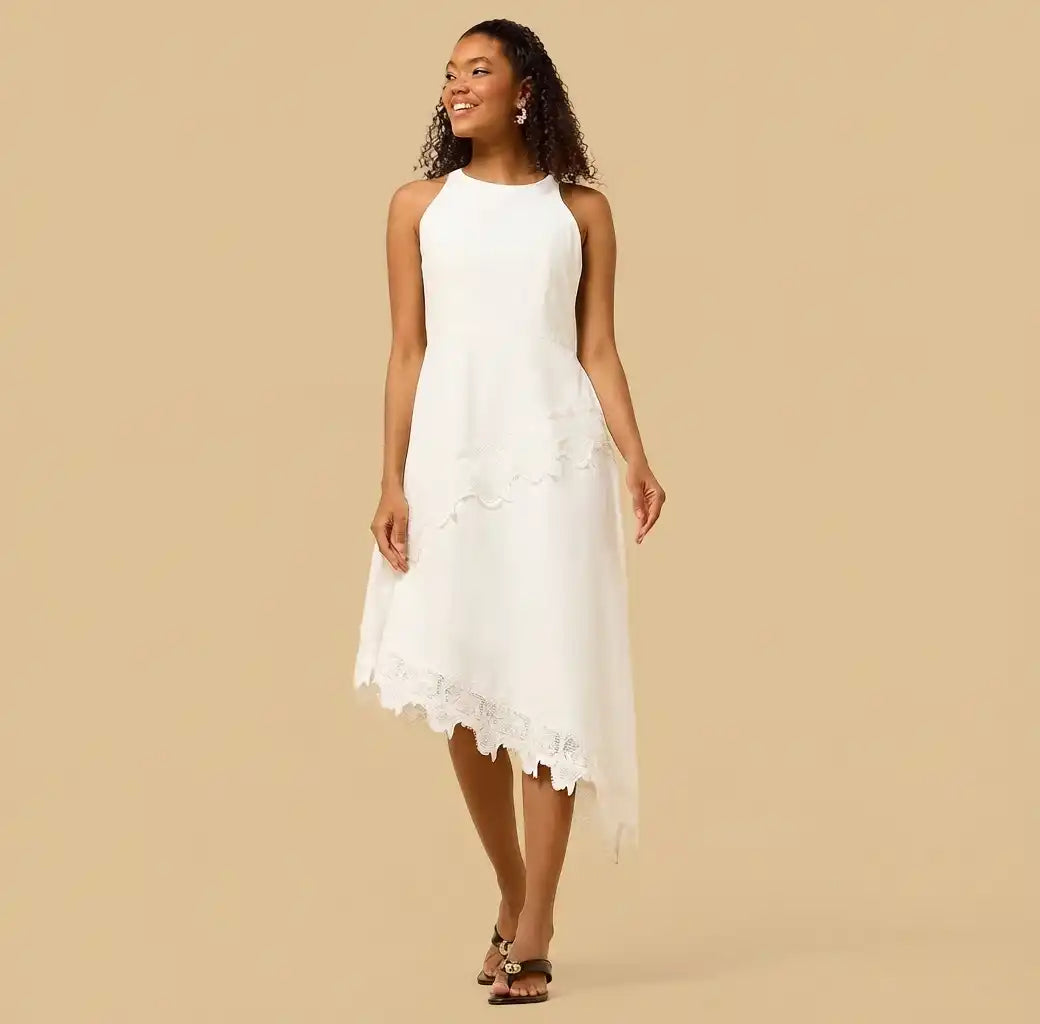 Lace Trim Asymmetric Sleeveless Poplin Dress