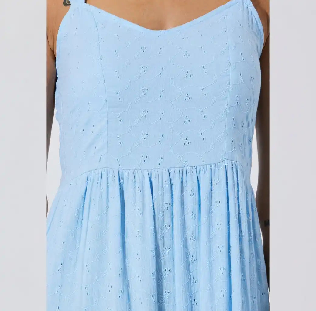 Blue Ruffle Strap Schiffli Tiered Maxi Dress