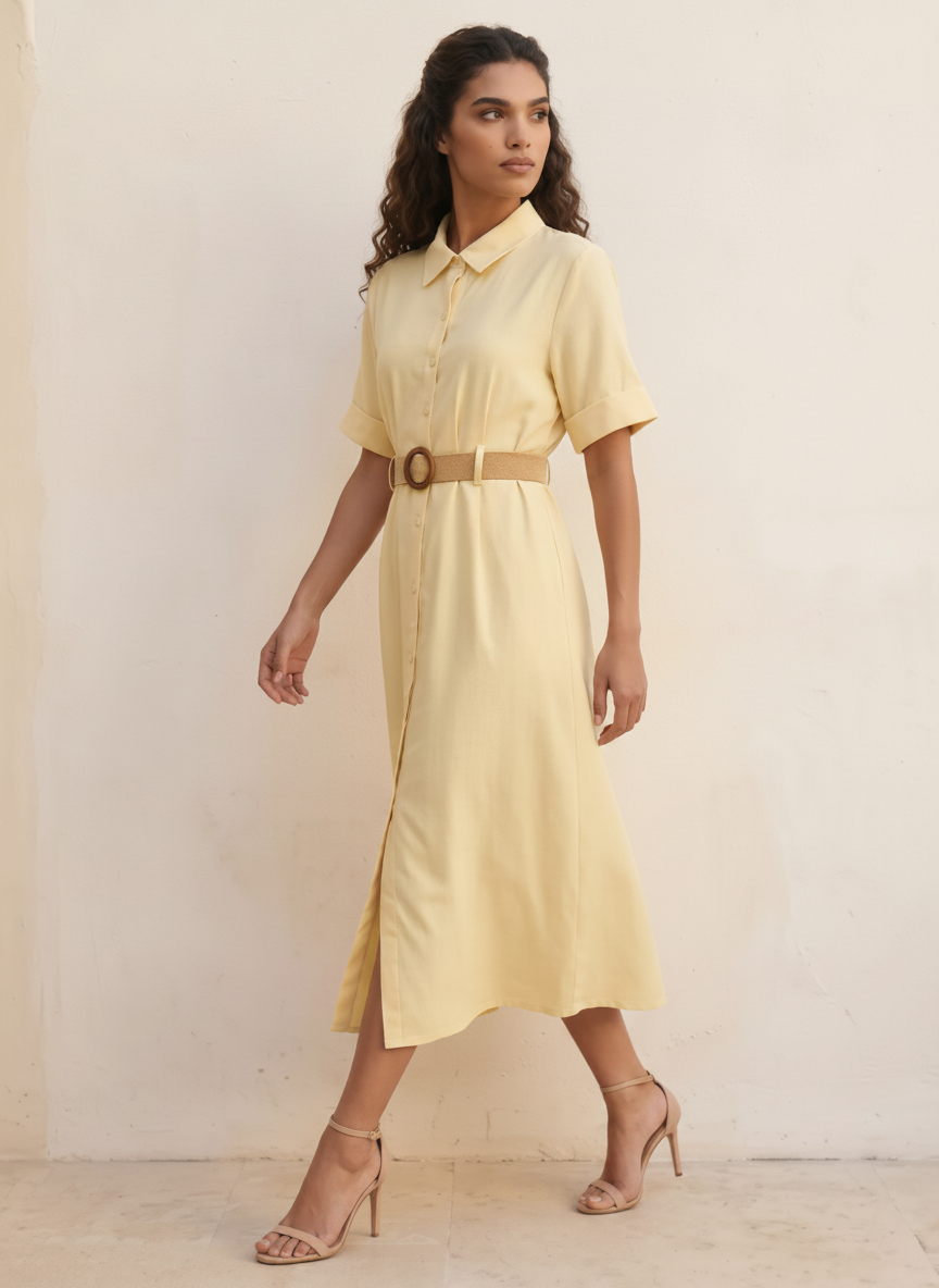 Splash Basic Belted A-Line Midi Shirt Dress