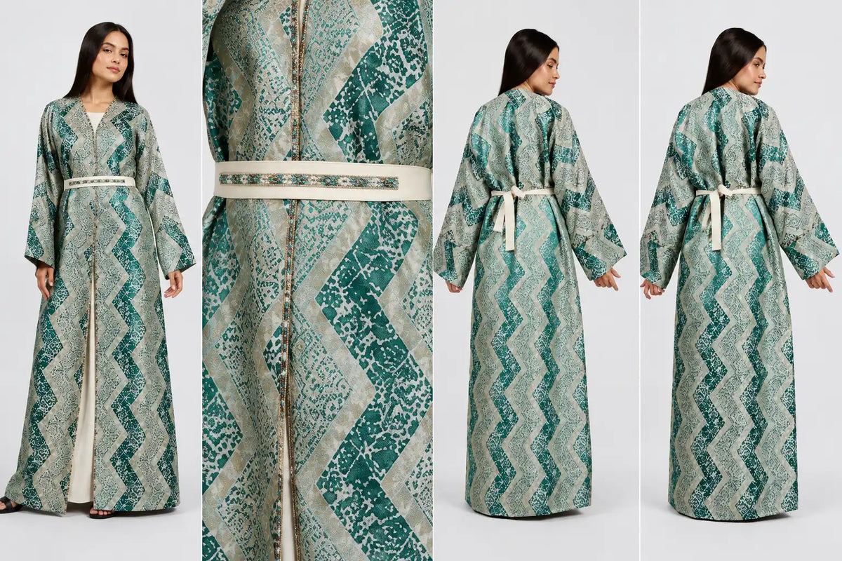 Teal Patterned Open Abaya