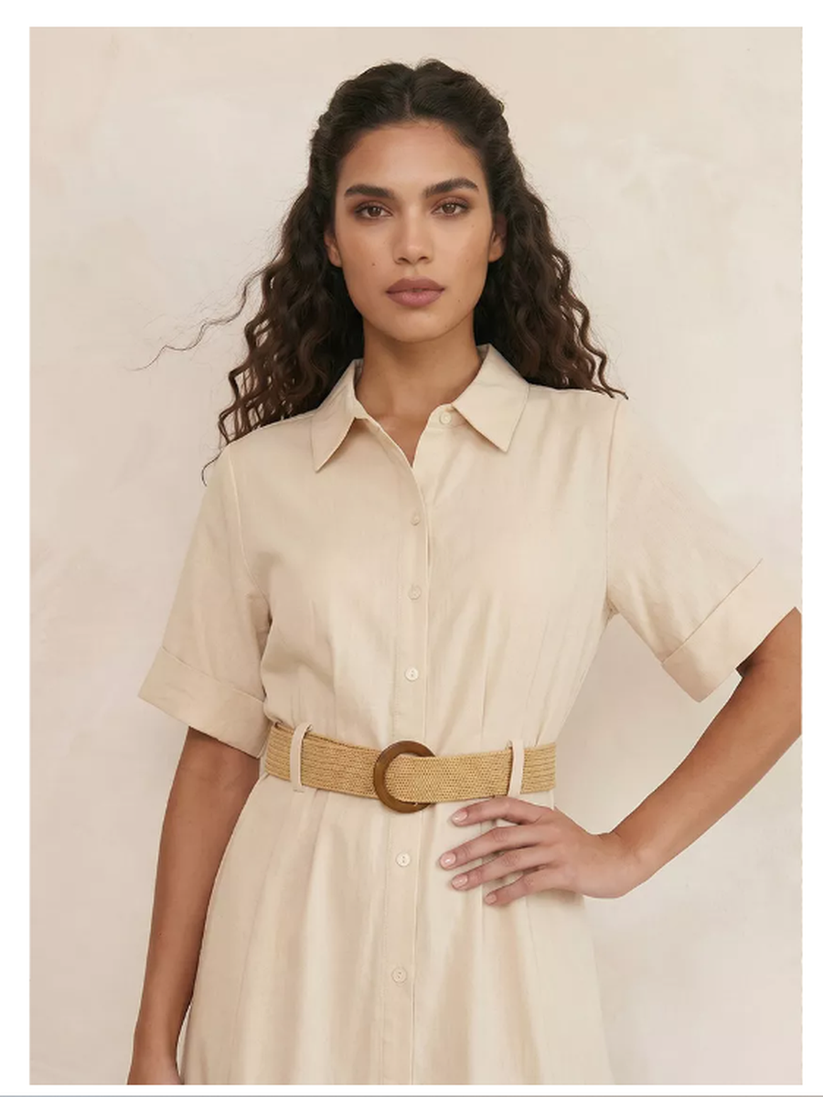 Splash Basic Belted A-Line Midi Shirt Dress